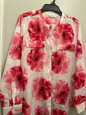 Calvin Klein Pink and White Floral Silk Blouse